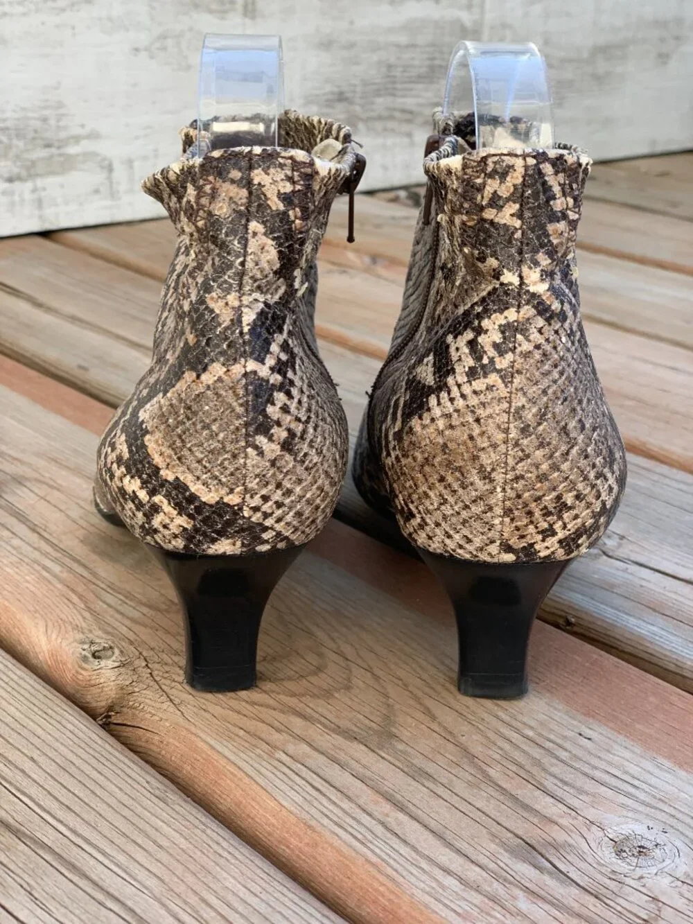 Vintage Franco Sarto Ankle Boot Brown Snakeskin Pointy Toe Kitten Heel Side Zip